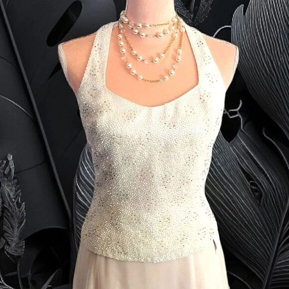 Fleur de lis VTG Ivory Beaded 2 Piece Halter Wedding Dress NWT *Fits Like Med - Picture 4 of 17